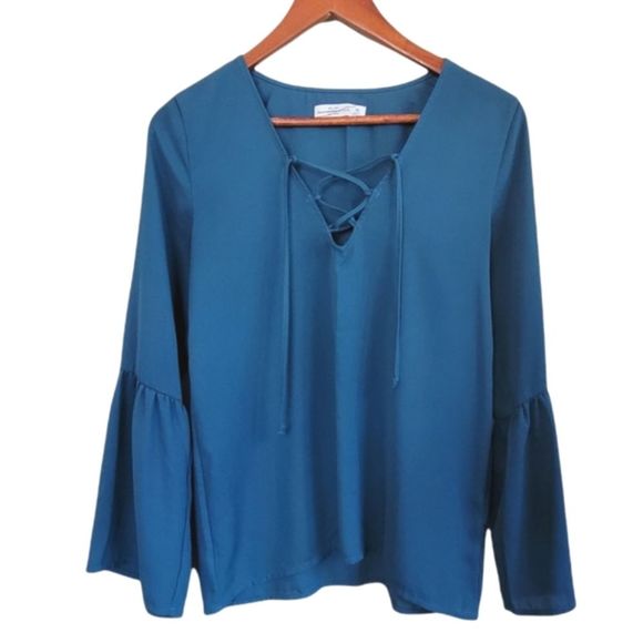 A&F Bell Statement Sleeve Boho Solid Shirt Teal Blue XS - Picture 1 of 4